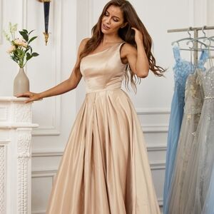 NWT HEBEOS A-Line/Princess Satin Ruffles One-Shoulder Dress